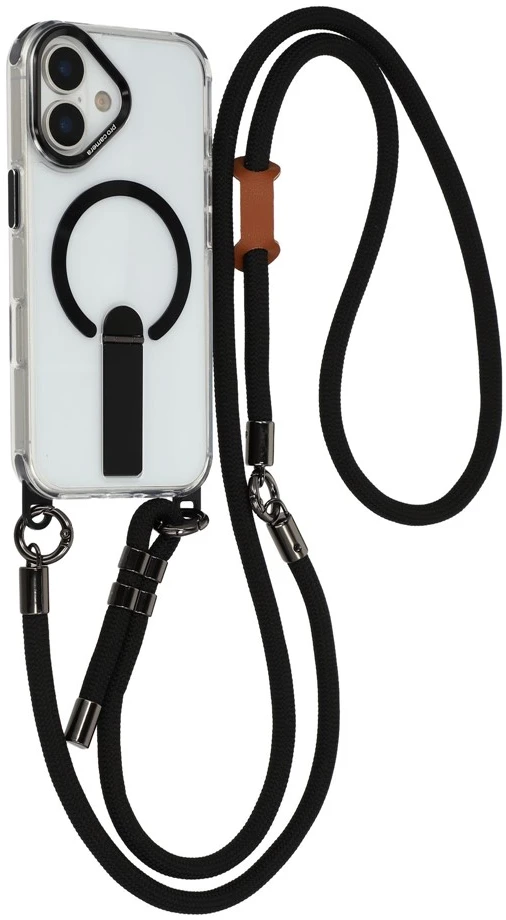 „Hurtel“ „iPhone 17“ dėklas su stovu, trumpu dirželiu (30 cm) ir ilgu dirželiu (120 cm), suderinamas su „MagSafe“ - juodas