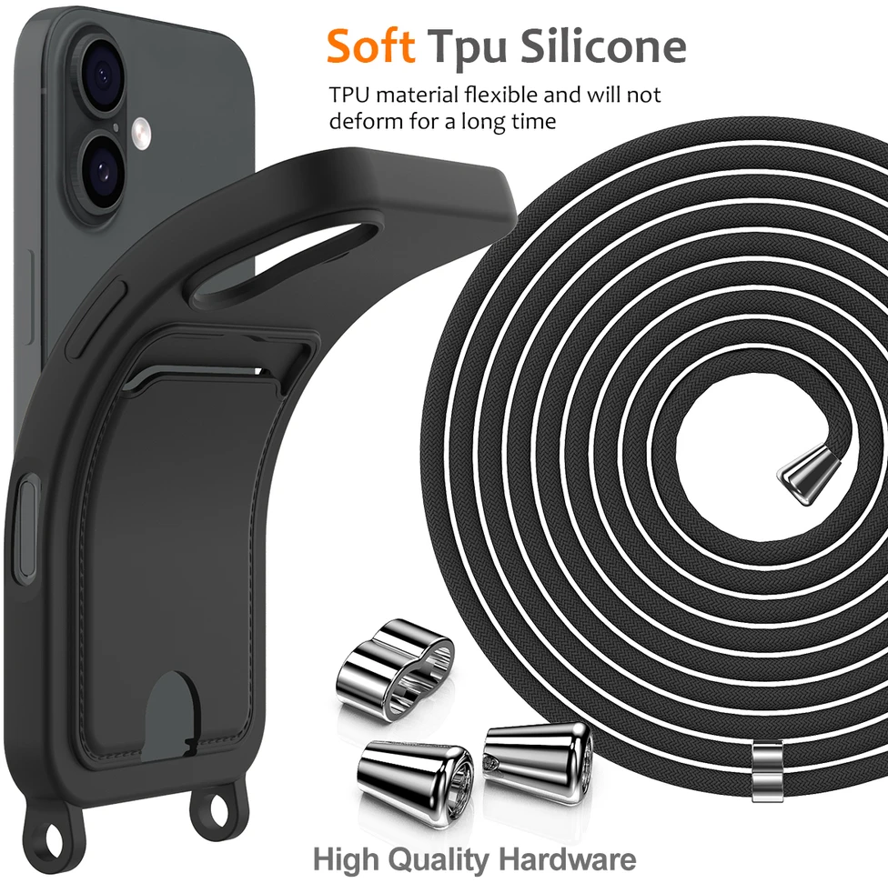 Dėklas Marka Niezdefiniowana - iPhone 17 TPU Case with Card Holder and Crossbody Lanyard - Juodas