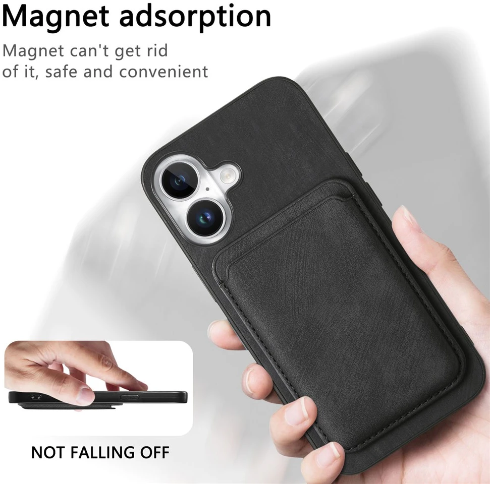 „Hurtel“ sintetinės odos „iPhone 17“ dėklas su nuimamu „MagSafe“ suderinamu kortelių laikikliu – Juodas