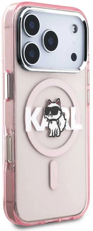 Karl Lagerfeld dėklas, skirtas IPHONE 17 Pro, suderinamas su „MagSafe KLHMP17LHGCHGKBP“ (IML Choupette eskizo logotipas), rožinis