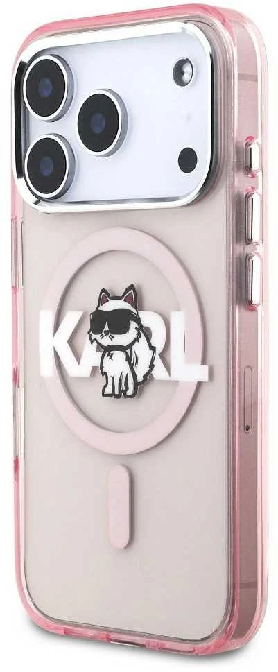 Karl Lagerfeld dėklas, skirtas IPHONE 17 Pro, suderinamas su „MagSafe KLHMP17LHGCHGKBP“ (IML Choupette eskizo logotipas), rožinis
