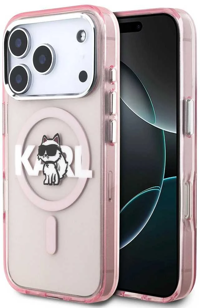 Karl Lagerfeld dėklas, skirtas IPHONE 17 Pro, suderinamas su „MagSafe KLHMP17LHGCHGKBP“ (IML Choupette eskizo logotipas), rožinis