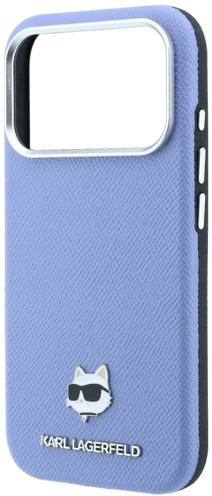 Karl Lagerfeld dėklas, skirtas iPhone 18 Pro / 17 Pro, suderinamas su MagSafe (Choupette Head Metal raštu, grūdėtos tekstūros) šviesiai mėlynas