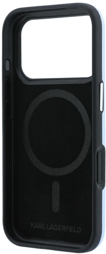 Karl Lagerfeld PU pusiau apgaubiantis lygaus paviršiaus su eskizo motyvais „MagSafe“ dėklas, skirtas iPhone 18 Pro, mėlynas