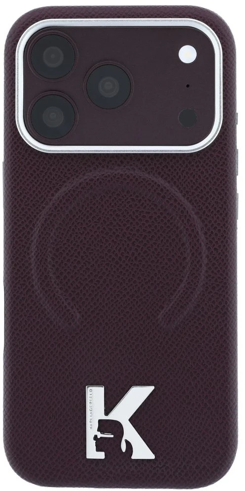 Karl Lagerfeld dėklas IPHONE 18 Pro/17 Pro, suderinamas su MagSafe (grūdėtas reljefinis žiedas ir Kameo logotipas), bordo