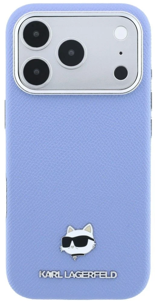Karl Lagerfeld dėklas, skirtas iPhone 18 Pro / 17 Pro, suderinamas su MagSafe (Choupette Head Metal raštu, grūdėtos tekstūros) šviesiai mėlynas