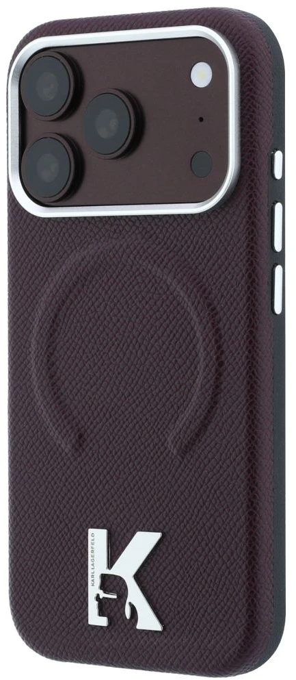 Karl Lagerfeld dėklas IPHONE 18 Pro/17 Pro, suderinamas su MagSafe (grūdėtas reljefinis žiedas ir Kameo logotipas), bordo