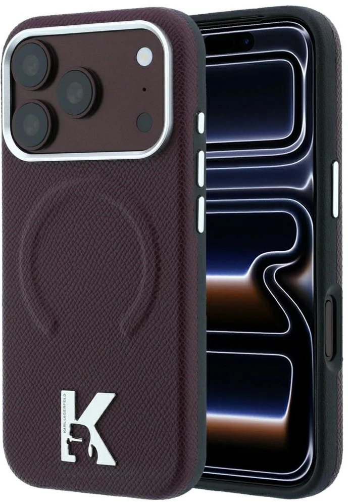 Karl Lagerfeld dėklas IPHONE 18 Pro/17 Pro, suderinamas su MagSafe (grūdėtas reljefinis žiedas ir Kameo logotipas), bordo