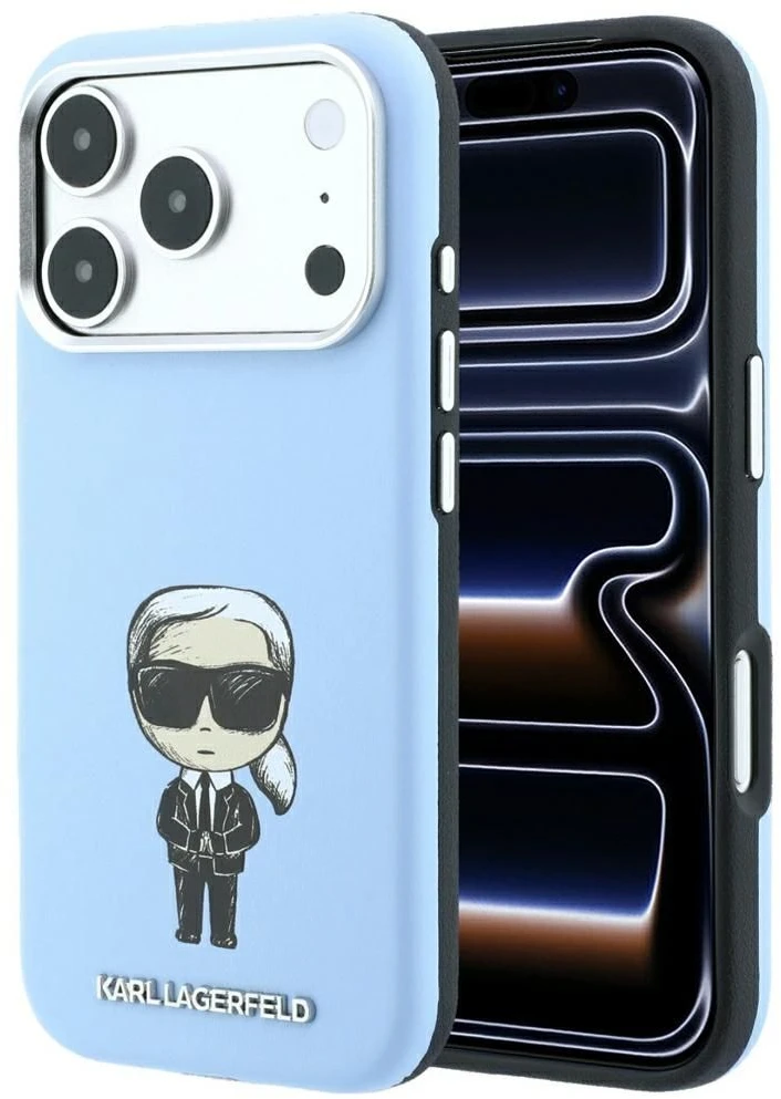 Karl Lagerfeld PU pusiau apgaubiantis lygaus paviršiaus su eskizo motyvais „MagSafe“ dėklas, skirtas iPhone 18 Pro, mėlynas