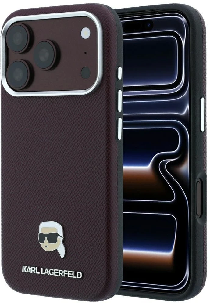 Dėklas Karl Lagerfeld case for IPHONE 18 Pro Max/ 17 Pro Max compatible with MagSafe (Grained Karl Head Metal) burgundy