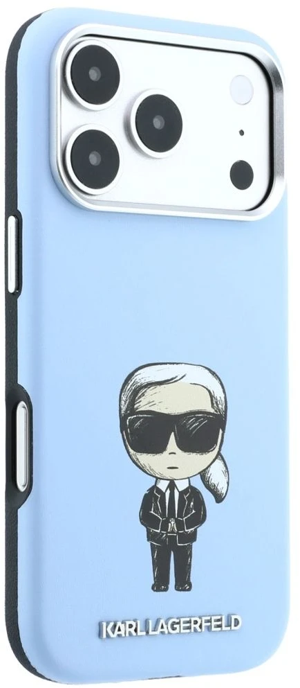 Karl Lagerfeld PU pusiau apgaubiantis lygaus paviršiaus su eskizo motyvais „MagSafe“ dėklas, skirtas iPhone 18 Pro, mėlynas