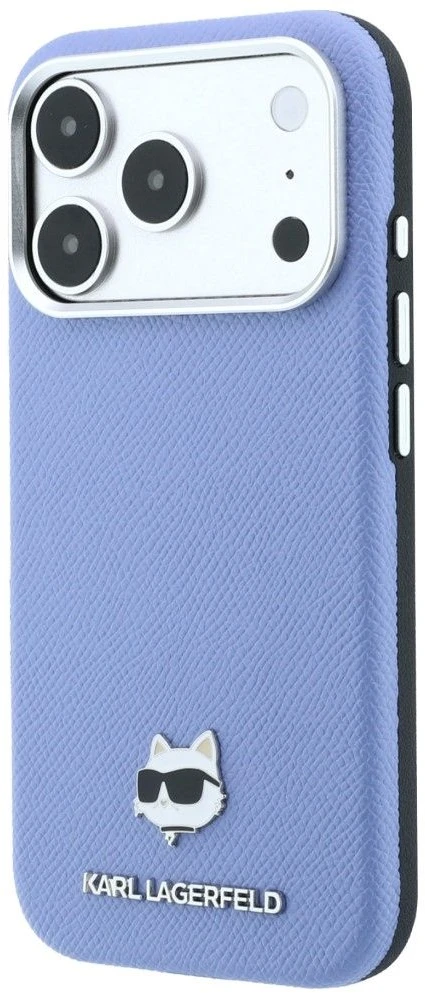Karl Lagerfeld dėklas, skirtas iPhone 18 Pro / 17 Pro, suderinamas su MagSafe (Choupette Head Metal raštu, grūdėtos tekstūros) šviesiai mėlynas