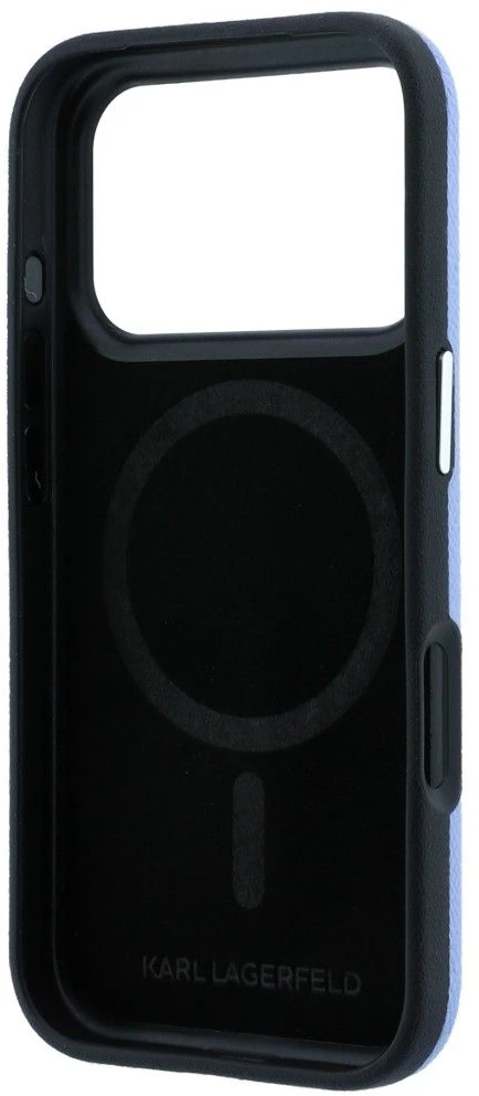 Karl Lagerfeld dėklas, skirtas IPHONE 18 Pro Max / 17 Pro Max, suderinamas su MagSafe (Grained Choupette Head Metal), šviesiai mėlynas
