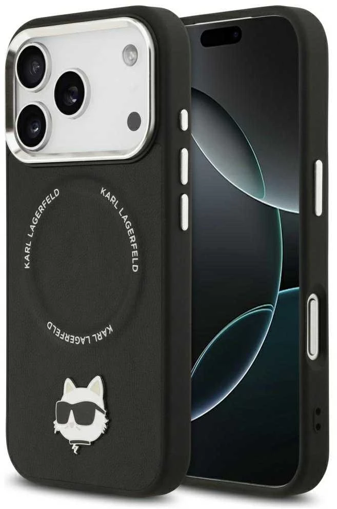 Karl Lagerfeld Choupette Pin MagSafe dėklas skirtas Apple iPhone 17 Pro Max juodos spalvos