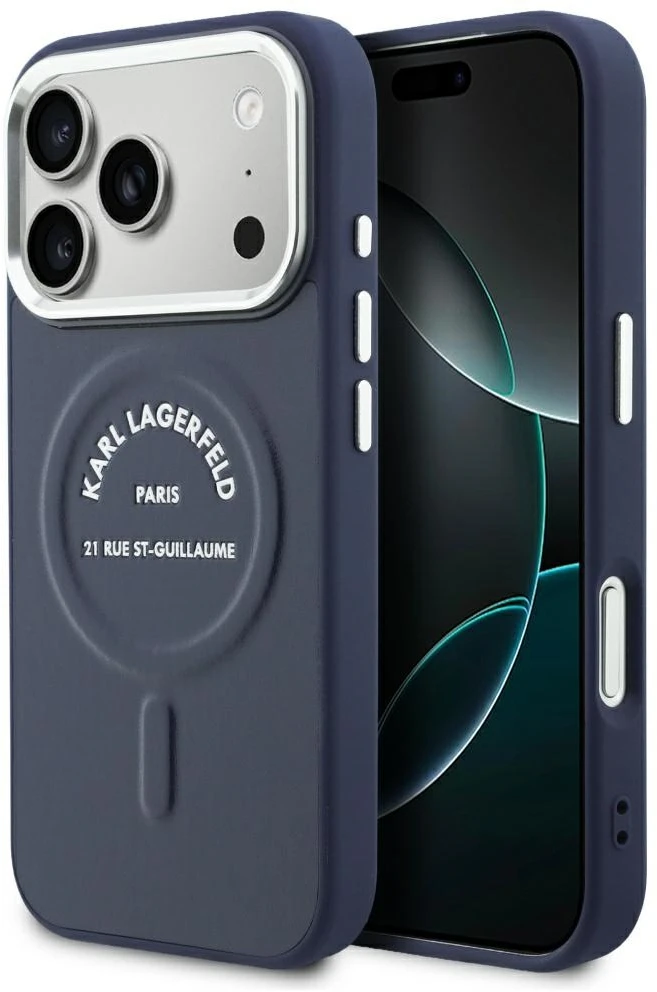 Karl Lagerfeld reljefinis atviras žiedas RSG logotipas MagSafe dėklas iPhone 18 Pro Max / 17 Pro Max - Mėlyna