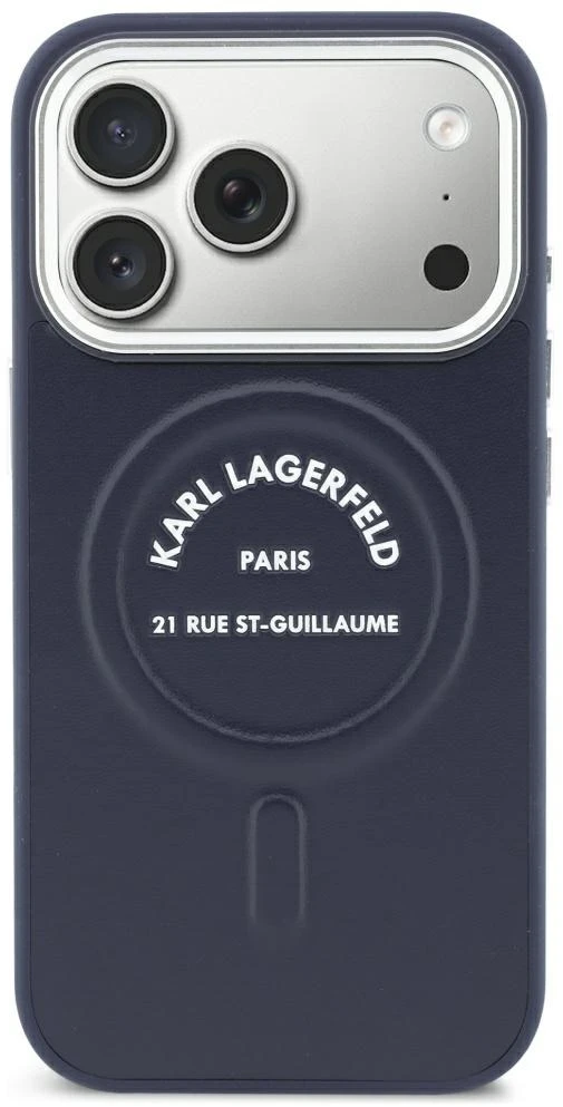 Karl Lagerfeld reljefinis atvirasis žiedas RSG logotipas MagSafe dėklas iPhone 18 Pro / 17 Pro - Mėlyna