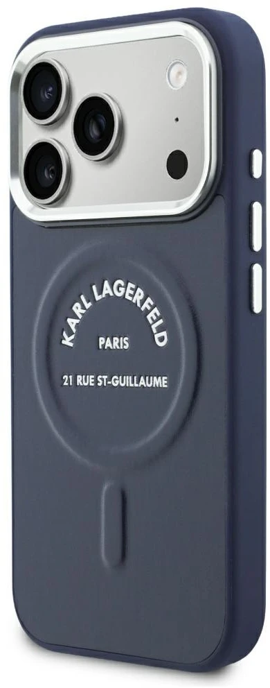 Karl Lagerfeld reljefinis atviras žiedas RSG logotipas MagSafe dėklas iPhone 18 Pro Max / 17 Pro Max - Mėlyna