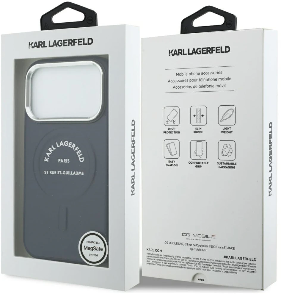 Karl Lagerfeld reljefinis atvirasis žiedas RSG logotipas MagSafe dėklas iPhone 18 Pro / 17 Pro - Mėlyna