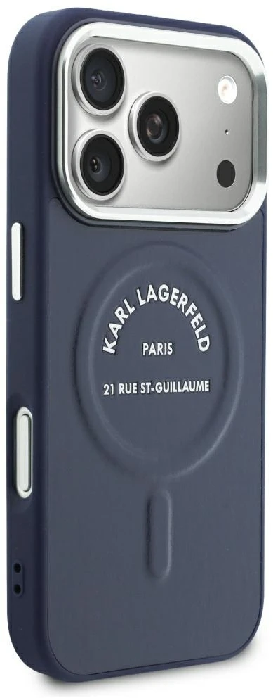 Karl Lagerfeld reljefinis atviras žiedas RSG logotipas MagSafe dėklas iPhone 18 Pro Max / 17 Pro Max - Mėlyna
