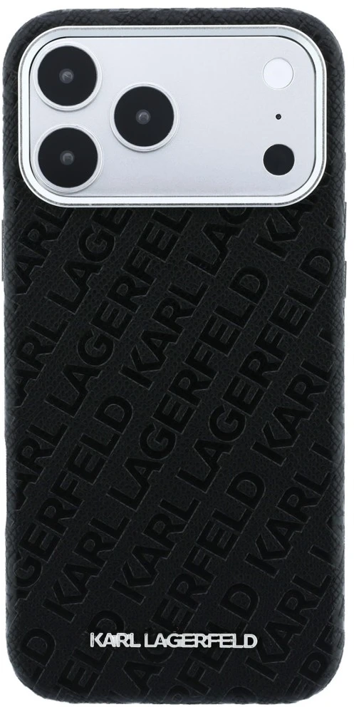 Dėklas Karl Lagerfeld Grūdėtos tekstūros Allover Logo Metal Elongated MagSafe, skirtas iPhone 18 Pro / 17 Pro, juodas