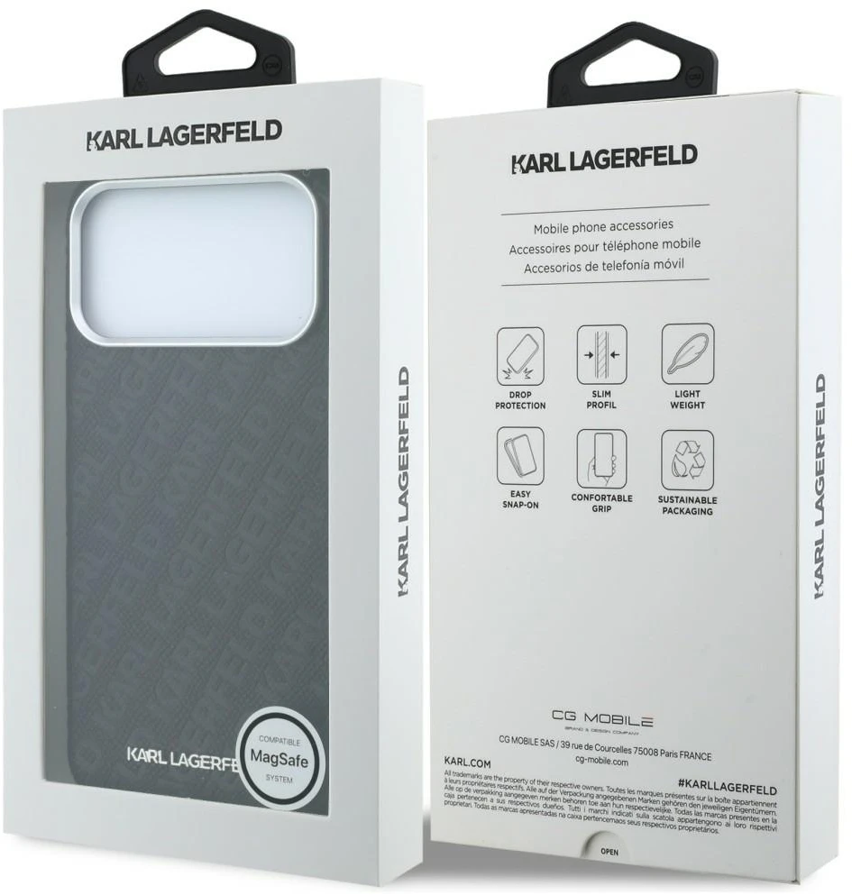 Dėklas Karl Lagerfeld Grūdėtos tekstūros Allover Logo Metal Elongated MagSafe, skirtas iPhone 18 Pro / 17 Pro, juodas