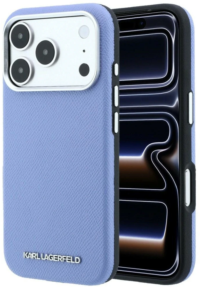 Karl Lagerfeld Grūdėtos odos pailginto logotipo MagSafe dėklas, skirtas iPhone 17 Pro / 18 Pro - Mėlyna