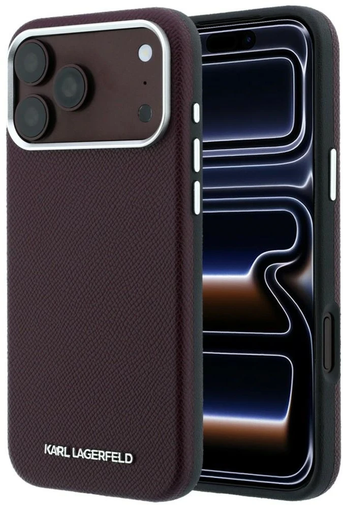 Karl Lagerfeld Grūdėtos faktūros pailginto logotipo MagSafe dėklas, skirtas iPhone 17 Pro Max / 18 Pro Max – bordo spalvos