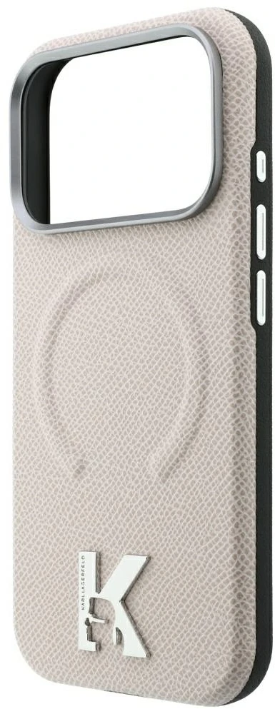 Karl Lagerfeld grūdėtos faktūros reljefinis žiedas ir Kameo logotipas MagSafe dėklas iPhone 18 Pro Max / 17 Pro Max - rusvai gelsvas
