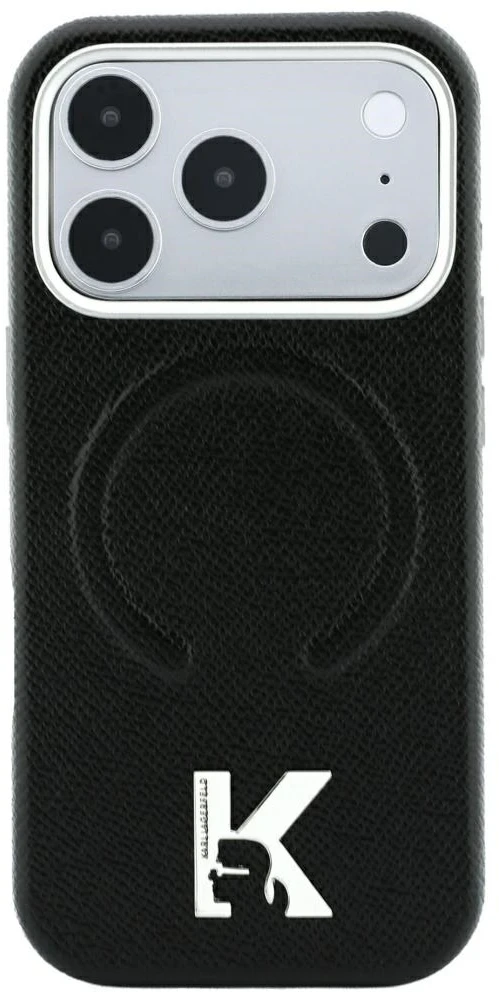 Karl Lagerfeld grūdėtos tekstūros reljefinis žiedas ir Kameo logotipas MagSafe dėklas iPhone 18 Pro / 17 Pro - Juodas