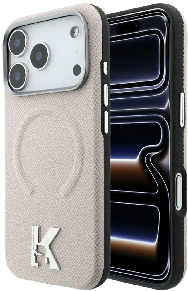 Karl Lagerfeld grūdėtos faktūros reljefinis žiedas ir Kameo logotipas MagSafe dėklas iPhone 18 Pro Max / 17 Pro Max - rusvai gelsvas