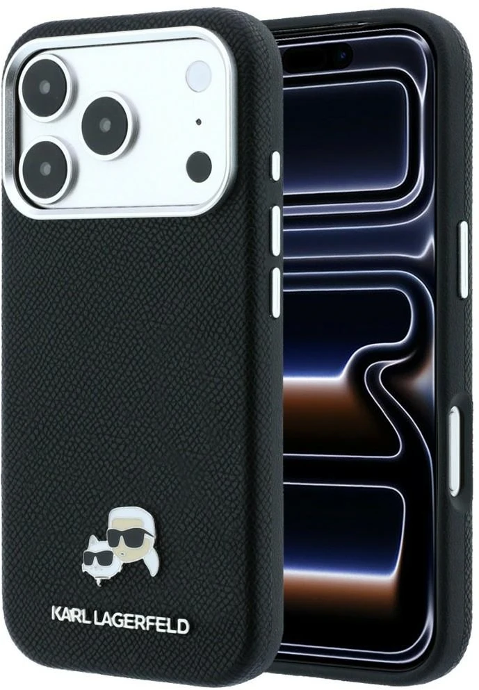 Dėklas Karl Lagerfeld Grained Heads Metal MagSafe Case, skirtas iPhone 17 Pro Max / 18 Pro Max - Juodos spalvos
