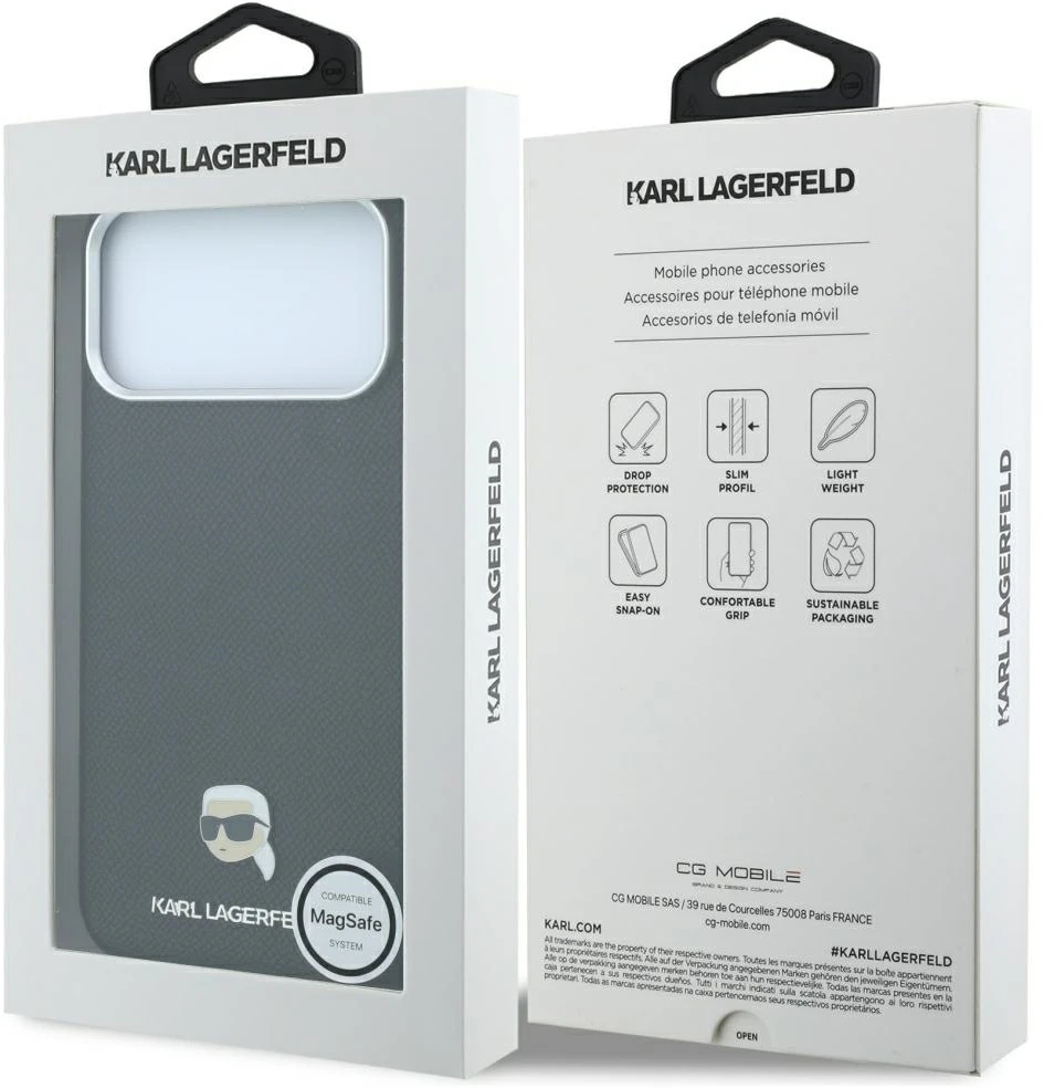 Dėklas Karl Lagerfeld Grained Karl Head Metal MagSafe Case for iPhone 18 Pro / 17 Pro - Juodas