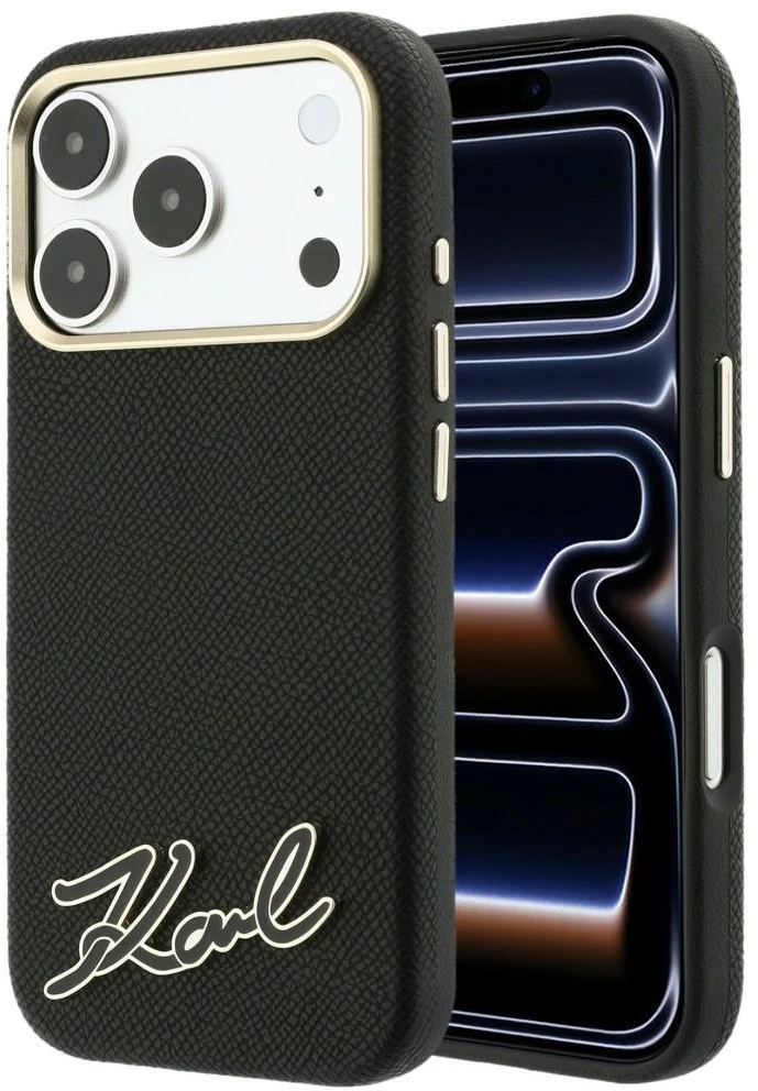 Karl Lagerfeld grūdintos tekstūros dėklas su sakų logotipu MagSafe, skirtas iPhone 18 Pro Max / 17 Pro Max – juodas