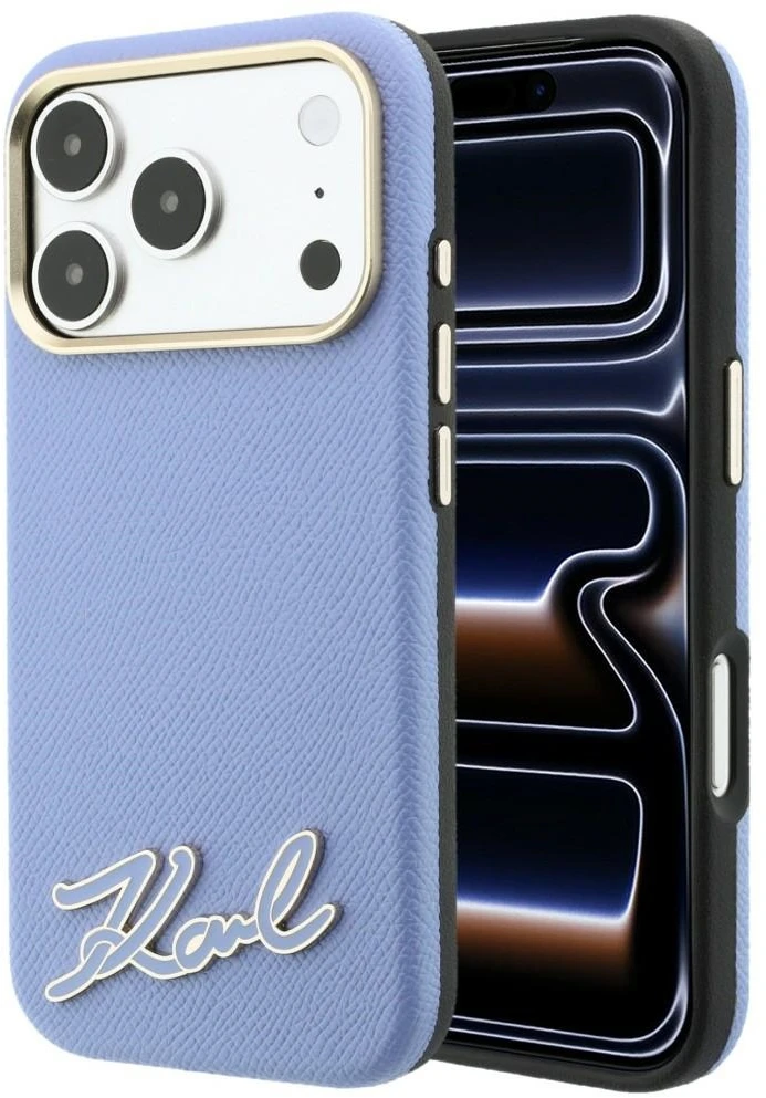 Karl Lagerfeld grūdėtos tekstūros dėklas su dervos logotipu MagSafe, skirtas iPhone 18 Pro Max / 17 Pro Max – šviesiai mėlyna