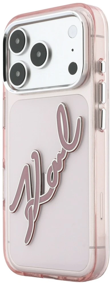 Karl Lagerfeld IML didelio parašo dervos ir metalo rėmo dėklas iPhone 18 Pro Max / 17 Pro Max - Rožinė
