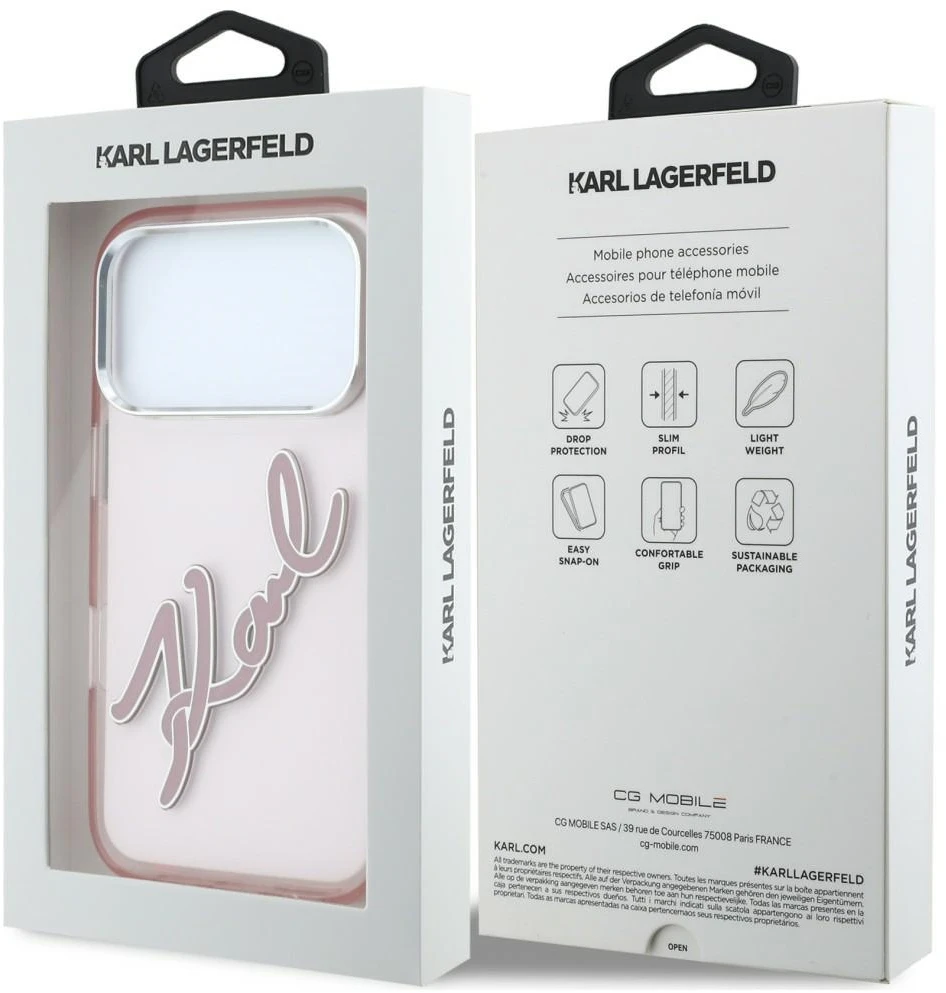 Karl Lagerfeld IML didelio parašo dervos ir metalo rėmo dėklas iPhone 18 Pro Max / 17 Pro Max - Rožinė