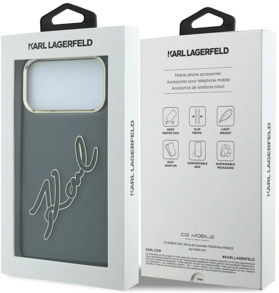 Karl Lagerfeld IML didelio parašo dervos ir metalo rėmelio dėklas iPhone 18 Pro / 17 Pro - Juodas