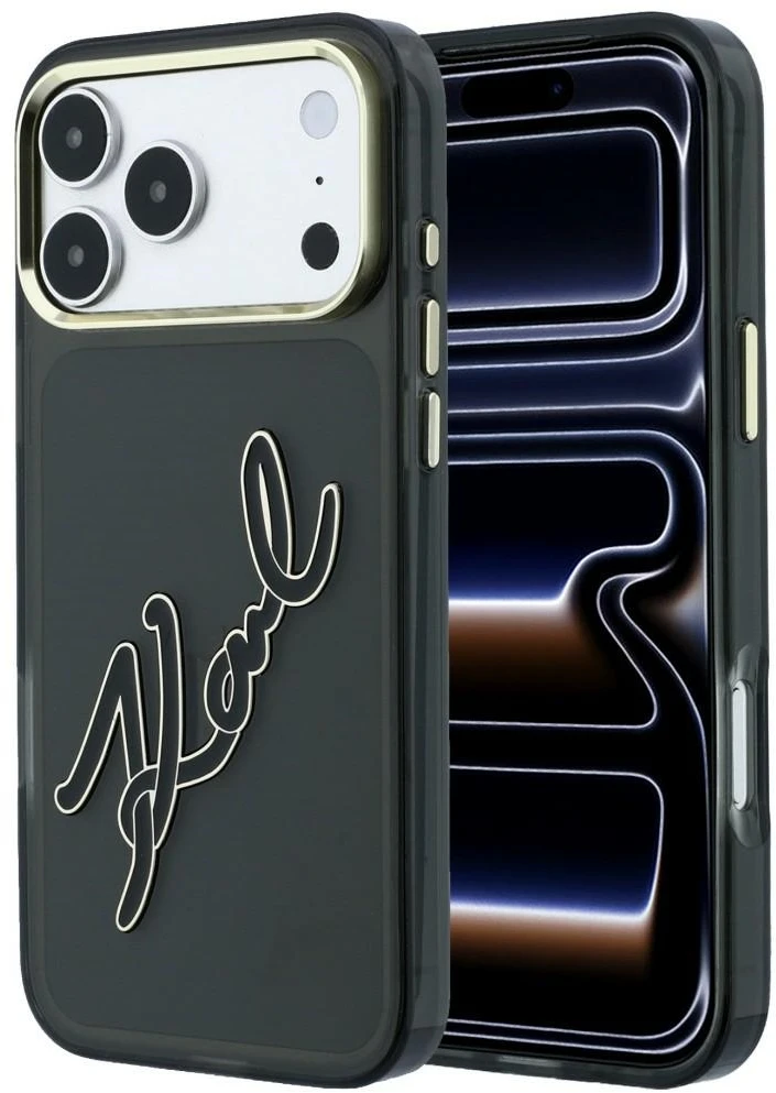 Karl Lagerfeld IML didelio parašo dervos ir metalo rėmelio dėklas iPhone 18 Pro Max / 17 Pro Max - Juodas