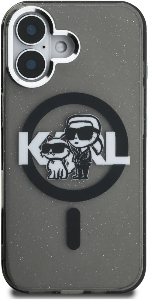 Karl Lagerfeld IML Glitter Karl and Choupette Sketch MagSafe dėklas iPhone 16 juodos spalvos