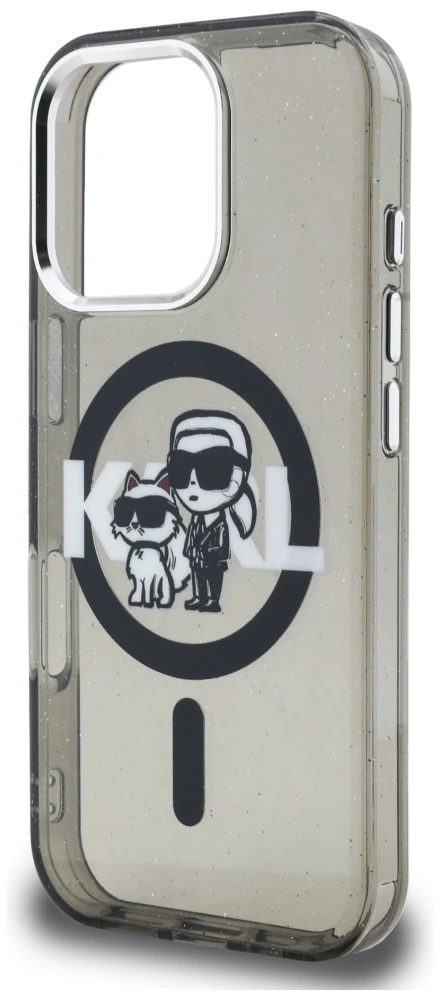 Karl Lagerfeld IML Glitter Karl and Choupette Sketch MagSafe dėklas iPhone 16 Pro Max juodos spalvos