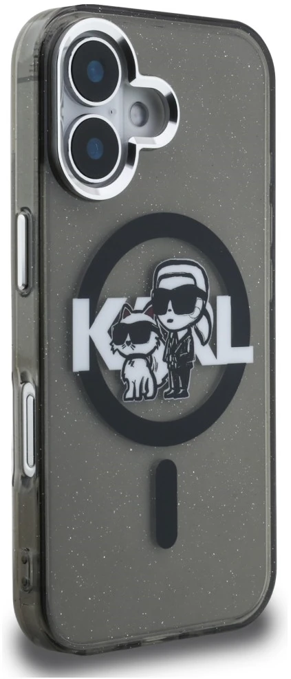Karl Lagerfeld IML Glitter Karl and Choupette Sketch MagSafe dėklas iPhone 16 juodos spalvos