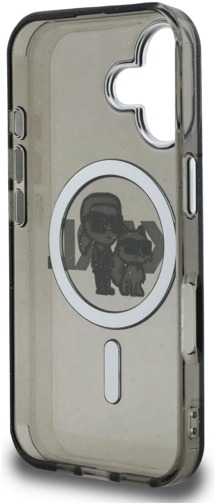 Karl Lagerfeld IML Glitter Karl and Choupette Sketch MagSafe dėklas iPhone 16 juodos spalvos