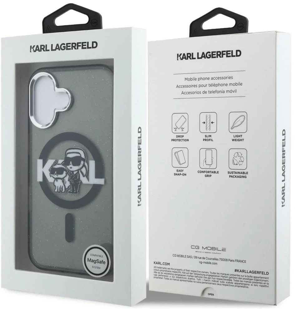 Karl Lagerfeld IML Glitter Karl and Choupette Sketch MagSafe dėklas iPhone 16 juodos spalvos