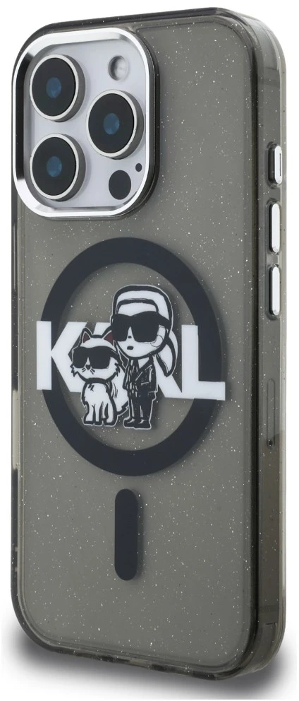 Karl Lagerfeld IML Glitter Karl and Choupette Sketch MagSafe dėklas iPhone 16 Pro Max juodos spalvos