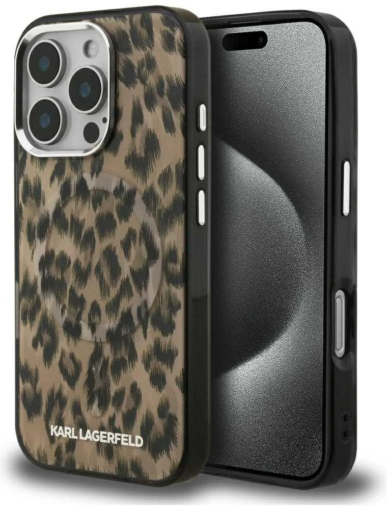 Karl Lagerfeld IML Leopard MagSafe dėklas Apple iPhone 16 Pro Max rudos spalvos