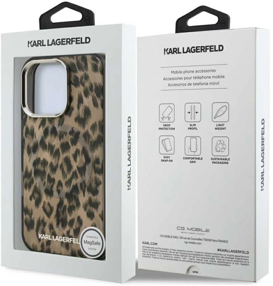 Karl Lagerfeld IML Leopard MagSafe dėklas Apple iPhone 16 Pro rudos spalvos