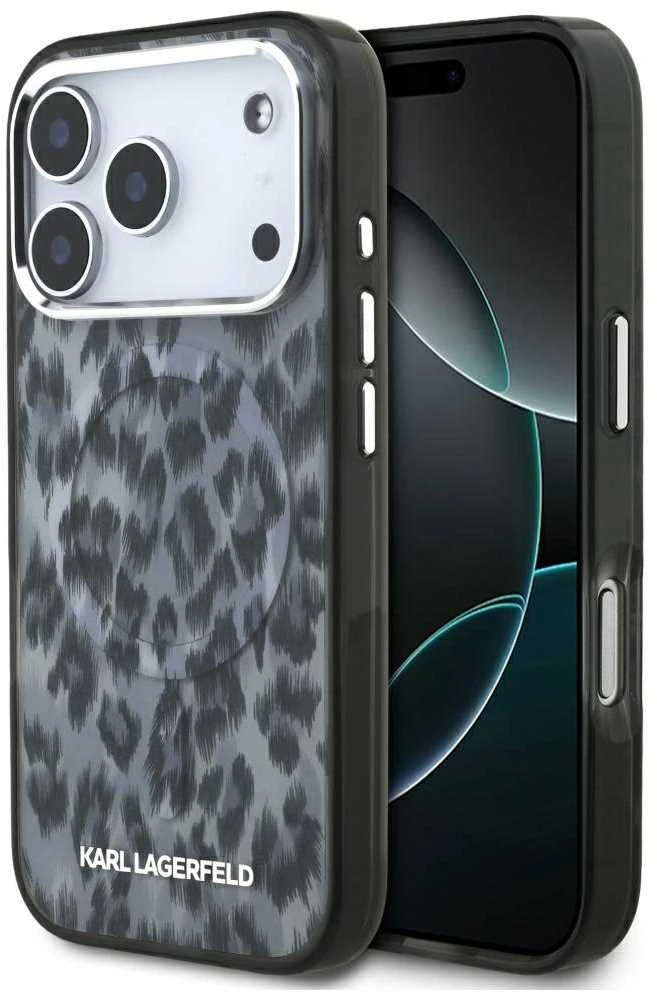 Karl Lagerfeld IML Leopard Pattern MagSafe dėklas skirtas Apple iPhone 17 Pro juodos spalvos