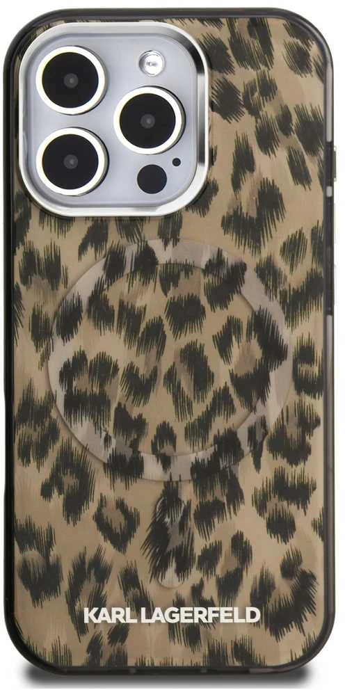 Karl Lagerfeld IML Leopard MagSafe dėklas Apple iPhone 16 Pro rudos spalvos