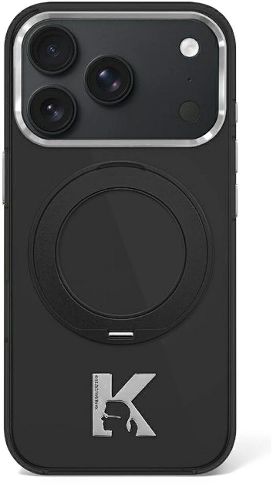 Dėklas Karl Lagerfeld IML Ring Stand 360 Kameo Metal MagSafe Case for iPhone 17 Pro Max / 18 Pro Max - Juoda