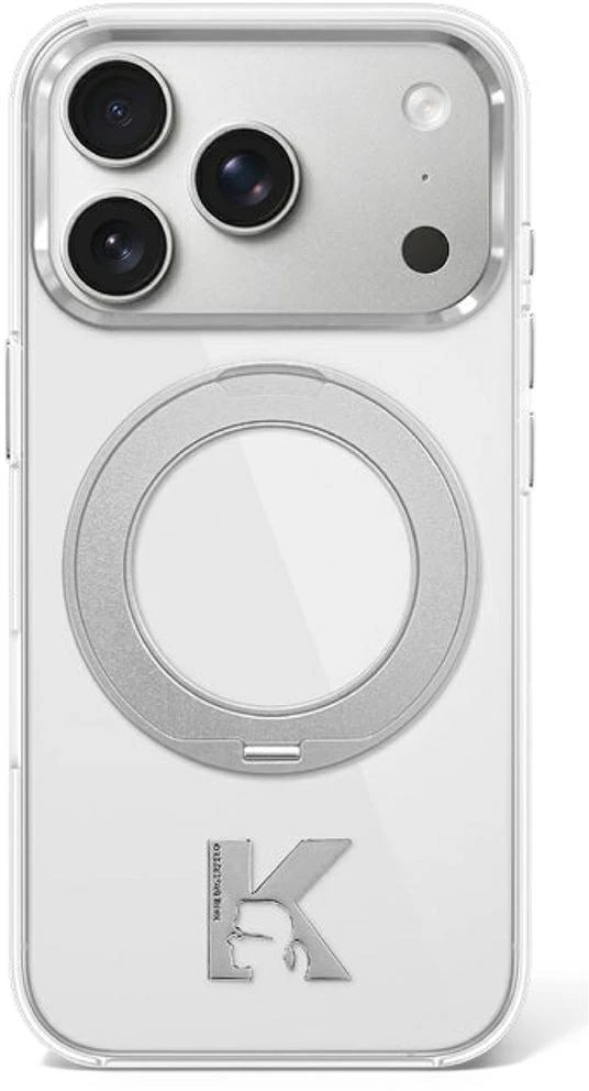 Karl Lagerfeld IML Ring Stand 360 Kameo Metal MagSafe dėklas, skirtas iPhone 17 Pro / 18 Pro – permatomas